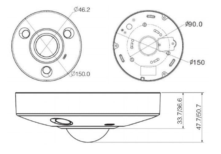 Technische lijntekening met afmetingen van de Dahua 8MP WizMind fisheye beveiligingscamera.