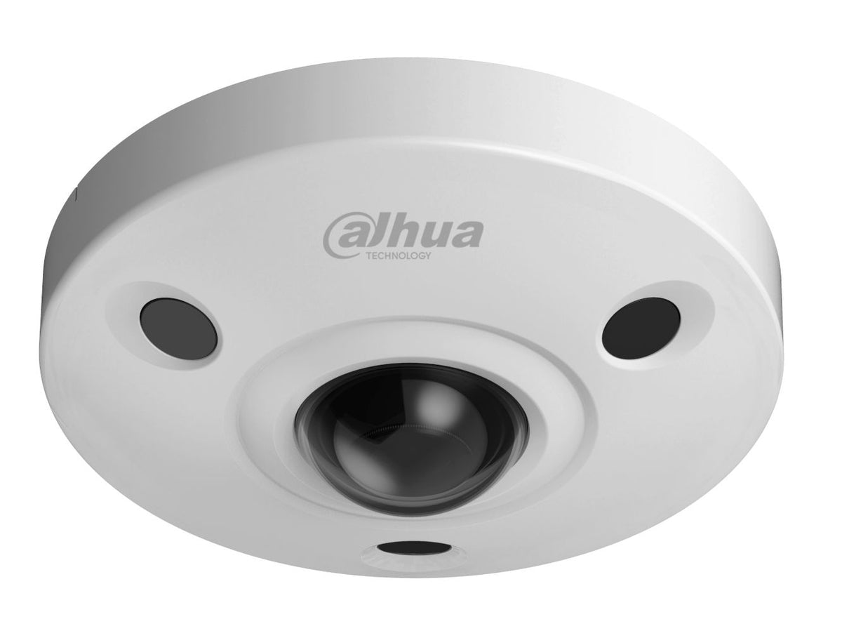 Witte Dahua 8MP WizMind fisheye beveiligingscamera met centrale lens en IR-sensoren voor 360-graden dekking.