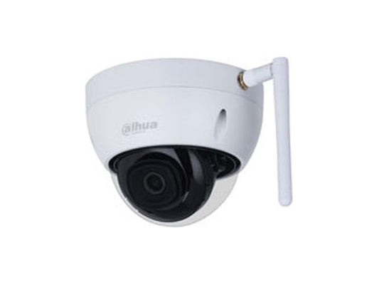 Witte Dahua 4MP WiFi dome beveiligingscamera met zwarte lens en externe antenne voor draadloze installatie.