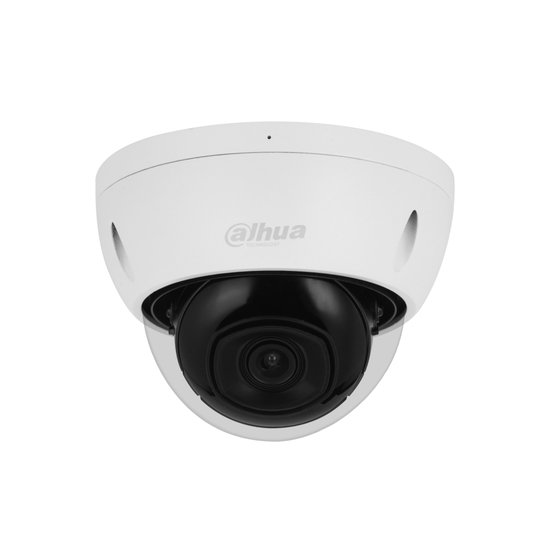 Witte Dahua WizSense mini dome camera met zwarte lensmodule en vandaalbestendige behuizing.