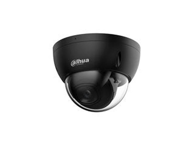 Zwarte Dahua 4MP WizSense mini dome camera met vandaalbestendige behuizing en transparante lenskap.