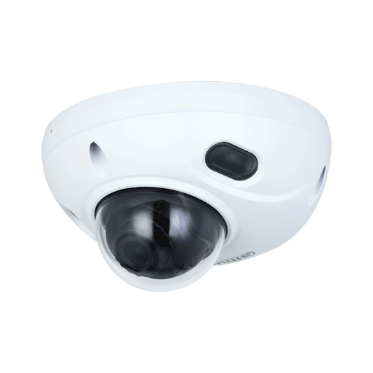 Witte Dahua WizSense mini dome camera met zwarte lens en compact rond design voor plafondmontage.