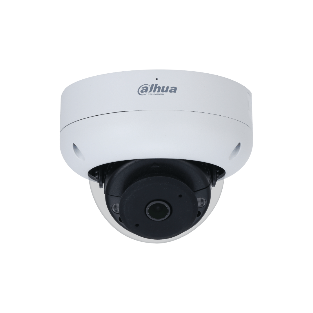 Witte Dahua WizSense mini dome camera met zwarte lensmodule voor 180 graden panoramisch toezicht.