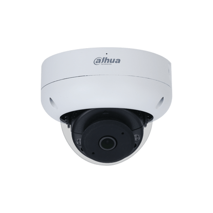 Witte Dahua WizSense mini dome camera met zwarte lensmodule voor 180 graden panoramisch toezicht.