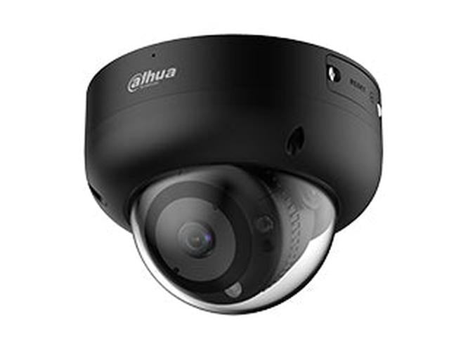 Zwarte Dahua 4MP WizSense mini dome camera met 180° fisheye lens voor panoramische videobewaking.