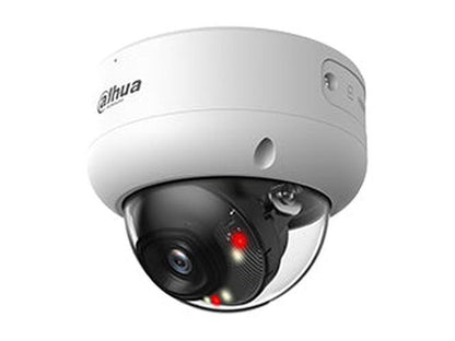 Witte Dahua WizSense 4MP mini dome camera met 2.8mm lens en dual-light verlichting in een compacte behuizing.