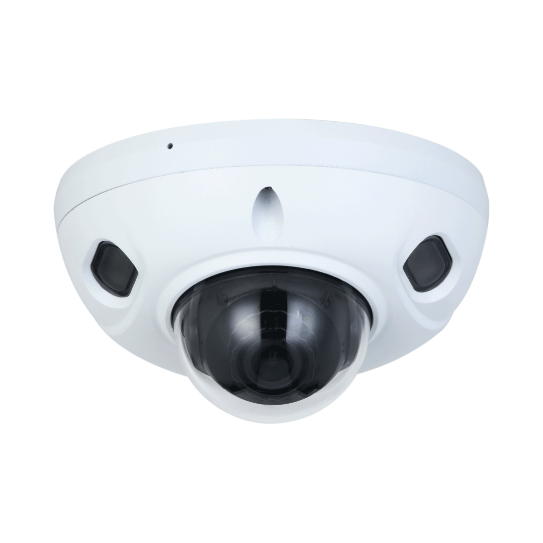 Dahua 4MP WizSense mini dome camera in wit met zwarte lenskoepel en dual-light verlichting voor buitenbeveiliging.