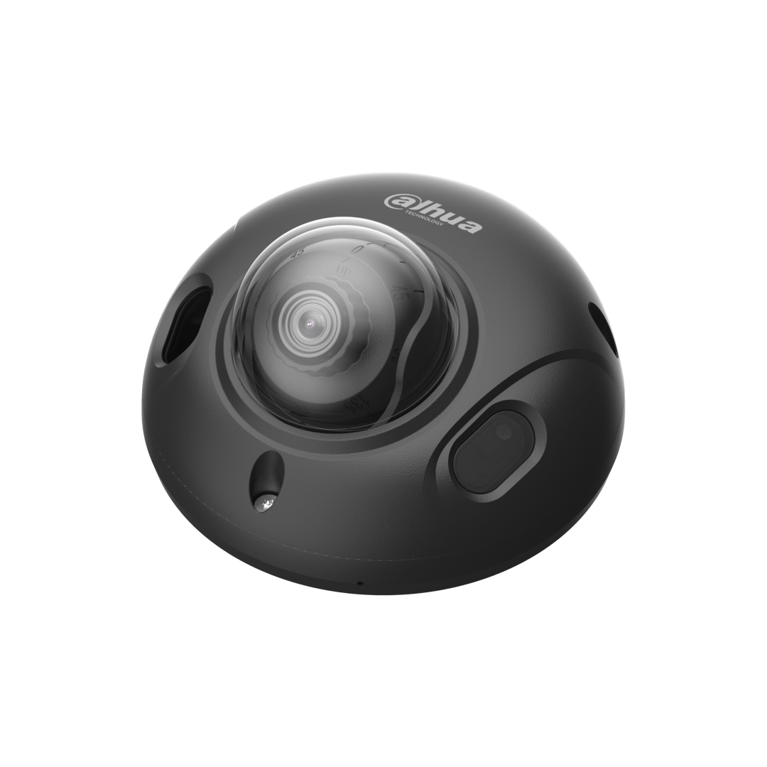 Zwarte Dahua WizSense 4MP mini dome camera met 2.8mm lens en dual-light technologie voor discrete beveiliging.
