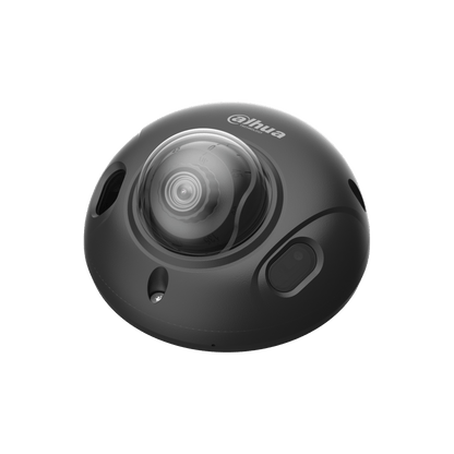 Zwarte Dahua WizSense 4MP mini dome camera met 2.8mm lens en dual-light technologie voor discrete beveiliging.