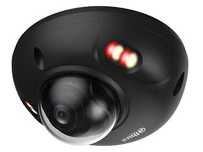 Zwarte Dahua WizSense 4MP mini dome camera met dual-light verlichting en 2.8mm lens voor discrete beveiliging.