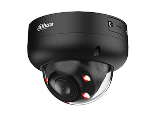 Zwarte Dahua 4MP TiOC PRO anti-corrosie dome camera met vari-focale lens en actieve afschrikking.