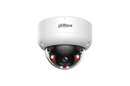 Witte Dahua 6MP WizSense mini dome camera met zwarte lens en Smart Dual Light technologie.