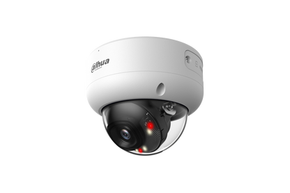 Witte Dahua WizSense 6MP mini dome camera met zwarte lenskap en Smart Dual Light technologie.