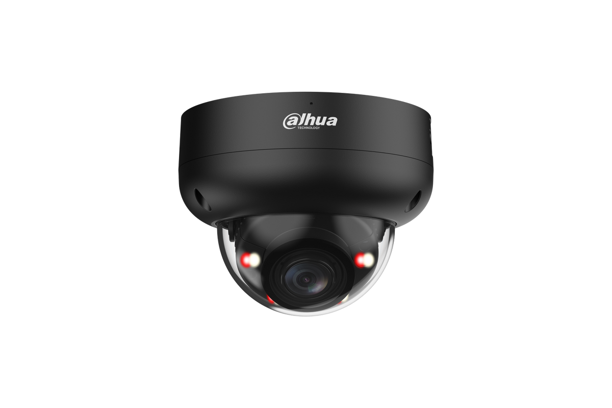 Zwarte Dahua 6MP WizSense dome camera met Smart Dual Light en motorized vari-focal lens.