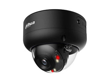 Zwarte Dahua 8MP 4K WizMind TiOC PRO dome camera met varifocale lens en rood-blauw waarschuwingslicht.