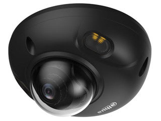 Zwarte Dahua WizSense mini dome beveiligingscamera met 2.8mm lens en geïntegreerde dual-light verlichting.