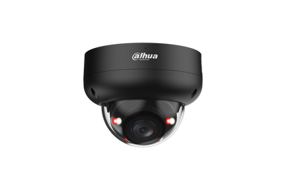 Zwarte Dahua 8MP WizSense dome camera met vandaalbestendige IK10 behuizing en Smart Dual Light technologie.