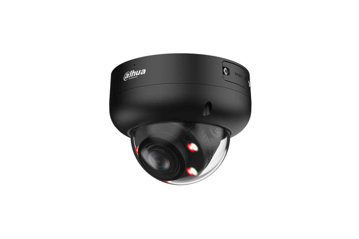 Zwarte Dahua 8MP WizSense dome camera met vandaalbestendige IK10 behuizing en Smart Dual Light lens.