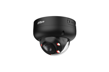 Zwarte Dahua 8MP WizSense dome camera met vandaalbestendige IK10 behuizing en Smart Dual Light lens.