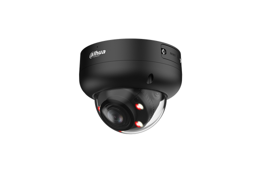 Zwarte Dahua 8MP WizSense dome camera met vandaalbestendige IK10 behuizing en Smart Dual Light lens.
