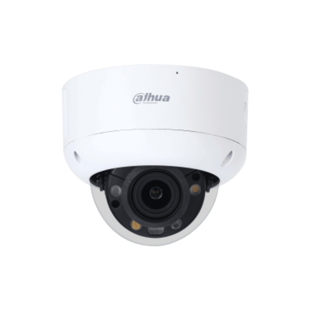 Witte Dahua 8MP TiOC PRO dome-beveiligingscamera met vari-focale lens en Smart Dual Light voor nachtzicht.
