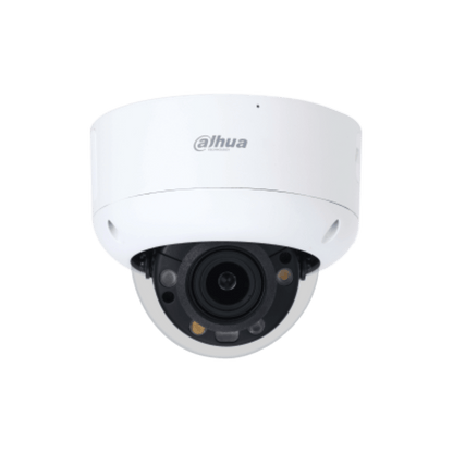 Witte Dahua 8MP TiOC PRO dome-beveiligingscamera met vari-focale lens en Smart Dual Light voor nachtzicht.
