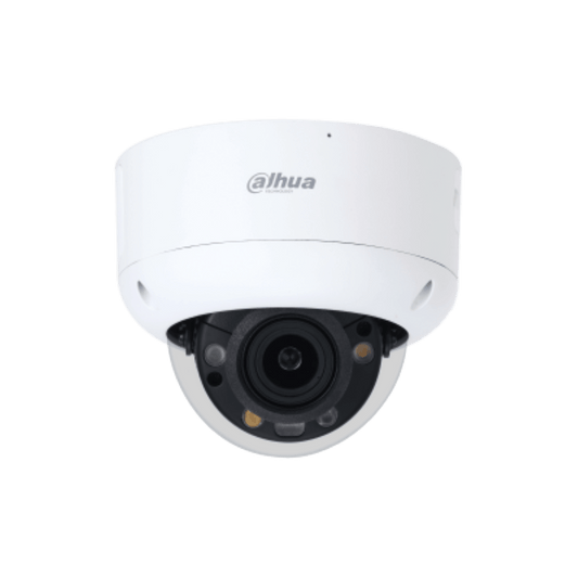 Witte Dahua 8MP TiOC PRO dome-beveiligingscamera met vari-focale lens en Smart Dual Light voor nachtzicht.
