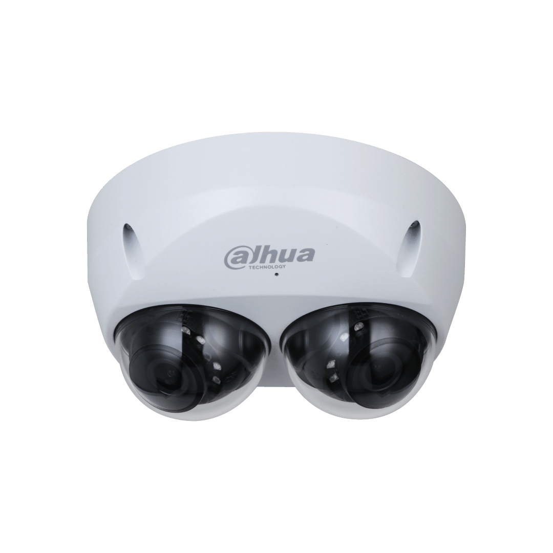 Witte Dahua WizMind domecamera met dubbele lens, robuuste IP67 IK10 behuizing en professioneel design.