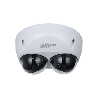 Witte Dahua WizMind domecamera met dubbele lens, robuuste IP67 IK10 behuizing en professioneel design.