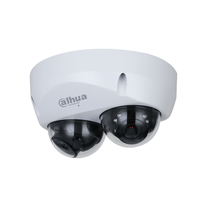 Witte Dahua WizMind dual-lens dome camera met robuuste IP67 IK10 behuizing voor professionele beveiliging.
