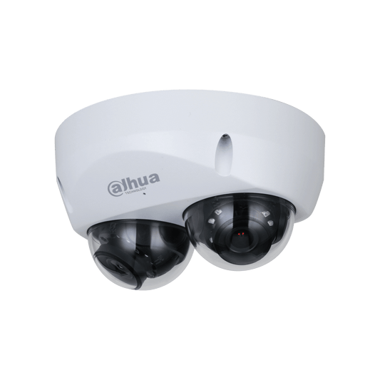 Witte Dahua WizMind dual-lens dome camera met robuuste IP67 IK10 behuizing voor professionele beveiliging.