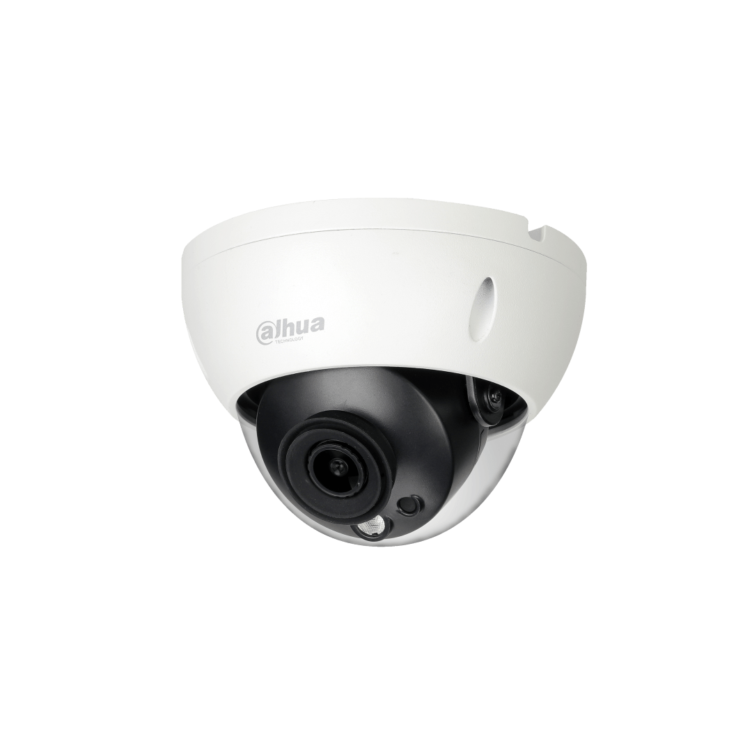 Witte Dahua WizMind mini dome beveiligingscamera met zwarte lensmodule en IR-verlichting voor professionele bewaking.