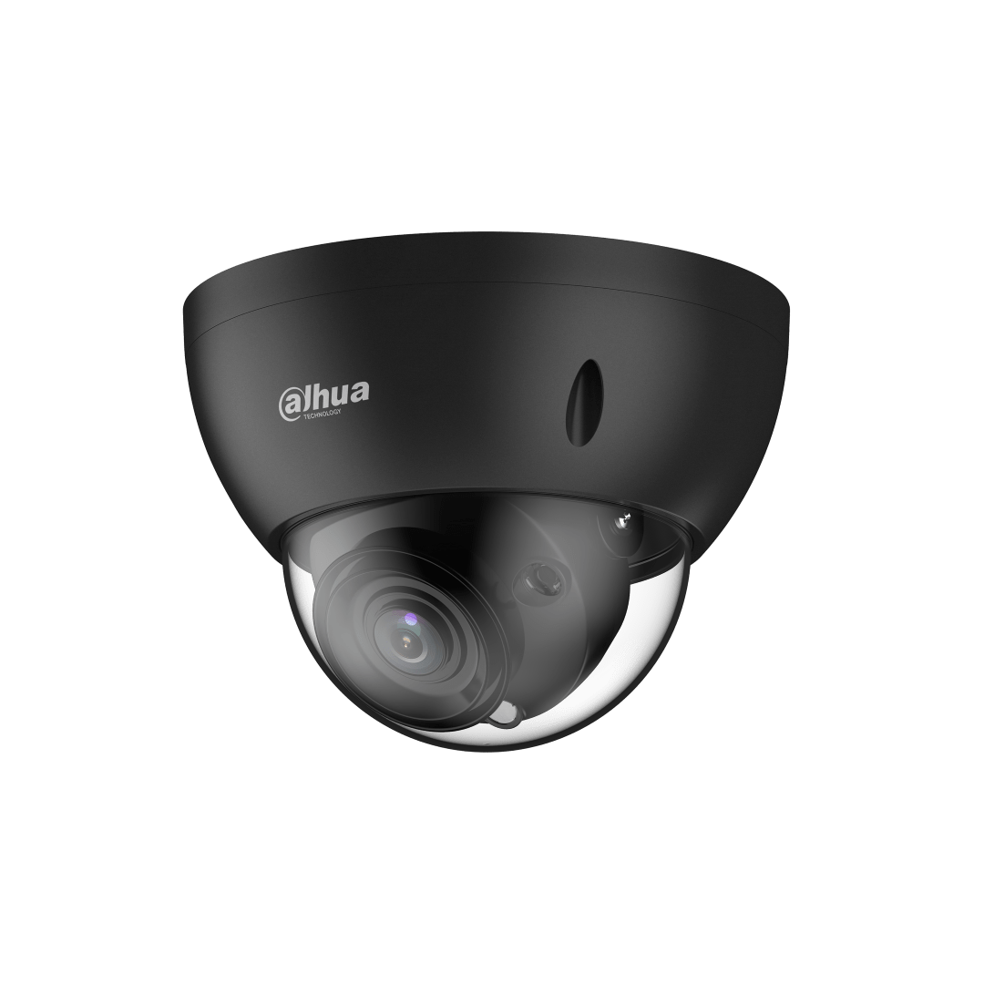 Zwarte Dahua WizMind vandaalbestendige dome camera met 4MP lens en strak design voor zakelijke beveiliging.