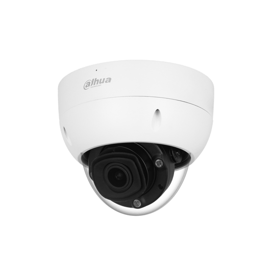 Witte Dahua WizMind anti-corrosie dome camera met vari-focale lens en transparante koepel tegen witte achtergrond.