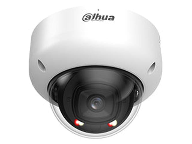 Witte Dahua WizMind mini dome beveiligingscamera met 4MP lens en Smart Dual Light technologie.