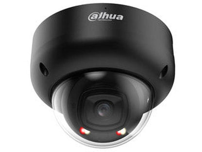 Zwarte Dahua WizMind 4MP vandaalbestendige dome camera met Smart Dual Light en 2.8mm lens.