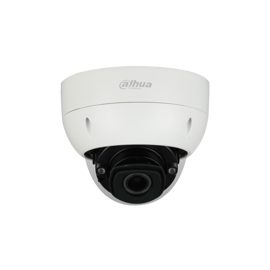 Witte Dahua 8MP 4K Pro AI dome camera met vandalismebestendige behuizing en varifocale lens.