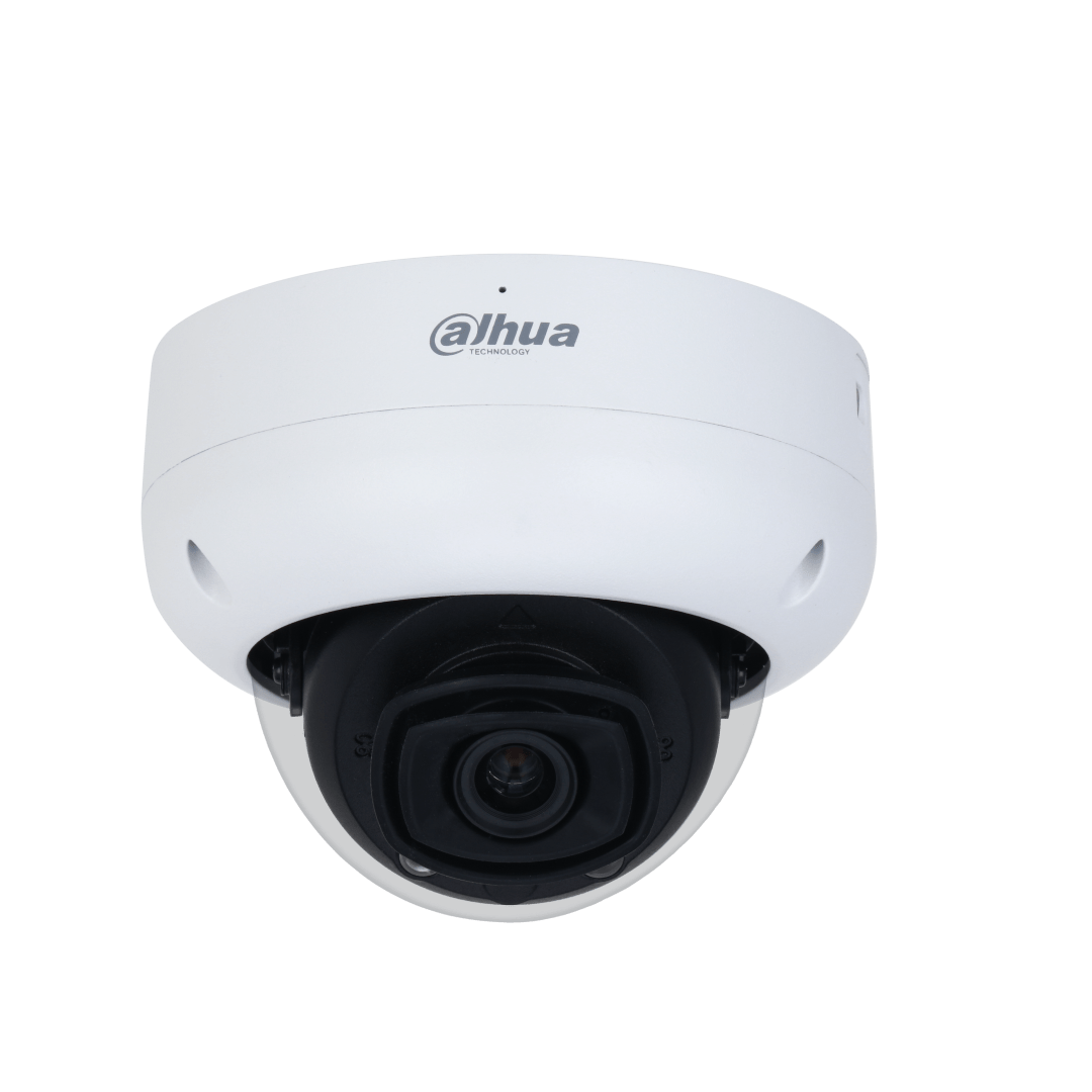 Witte Dahua WizMind 8MP mini dome camera met zwarte lensmodule en compact rond design voor professionele beveiliging.