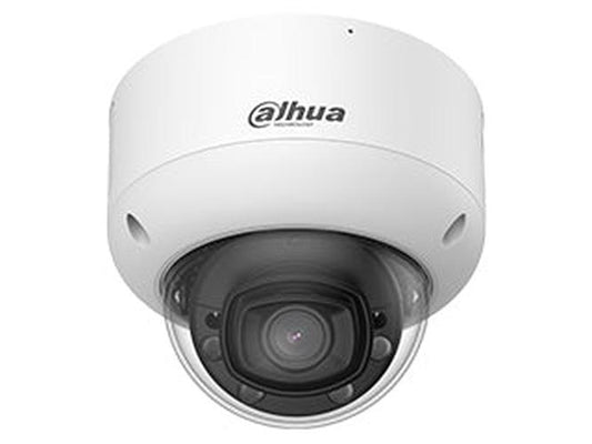 Witte Dahua WizMind 4MP mini dome beveiligingscamera met zwarte lens en compact rond design.