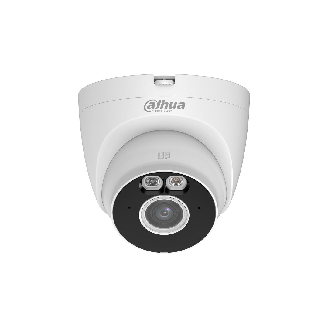 Witte Dahua 5MP WiFi 6 turret camera met Smart Dual Light, 2.8mm lens en actieve afschrikking in een compact design.