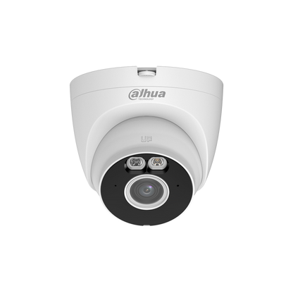 Witte Dahua 5MP WiFi 6 turret camera met Smart Dual Light, 2.8mm lens en actieve afschrikking in een compact design.