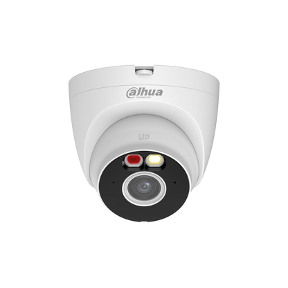 Witte Dahua 5MP WiFi 6 turret beveiligingscamera met Smart Dual Light en 2.8mm lens voor actieve afschrikking.