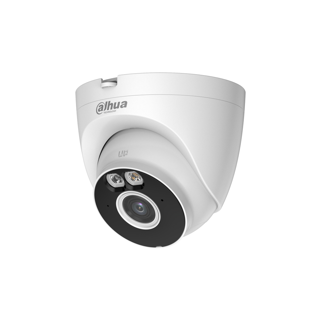 Witte Dahua 5MP WiFi 6 turret camera met Smart Dual Light en 2.8mm lens voor actieve beveiliging.
