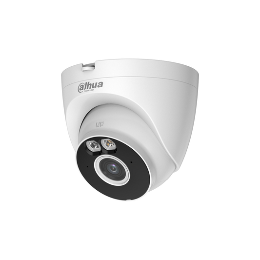 Witte Dahua 5MP WiFi 6 turret camera met Smart Dual Light en 2.8mm lens voor actieve beveiliging.