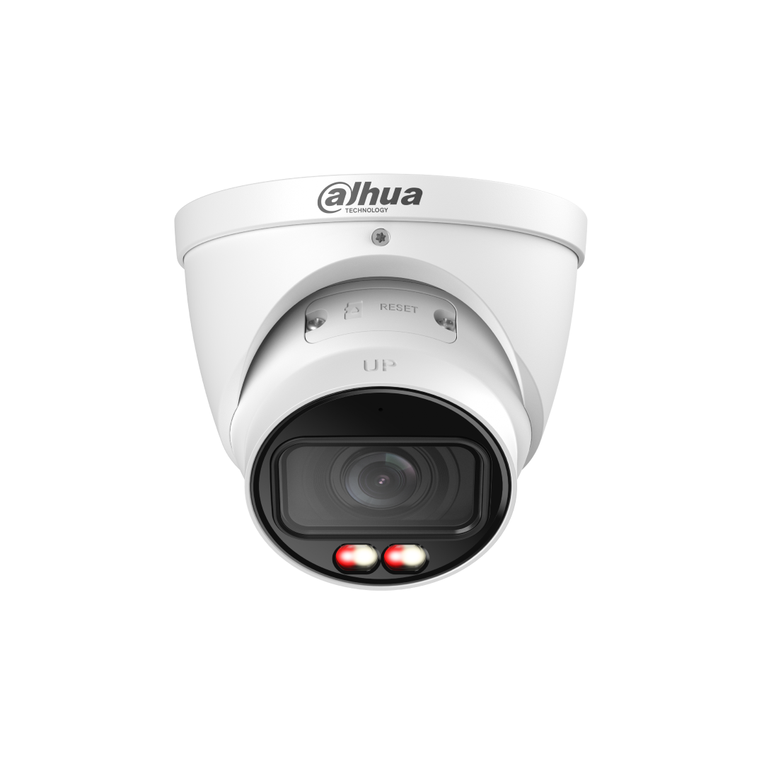 Witte Dahua 6MP TiOC PRO eyeball beveiligingscamera met 2.8mm lens, actieve afschrikking en ingebouwde LED-verlichting.