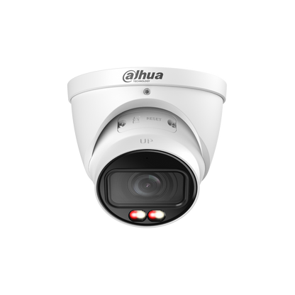 Witte Dahua 6MP TiOC PRO eyeball beveiligingscamera met 2.8mm lens, actieve afschrikking en ingebouwde LED-verlichting.