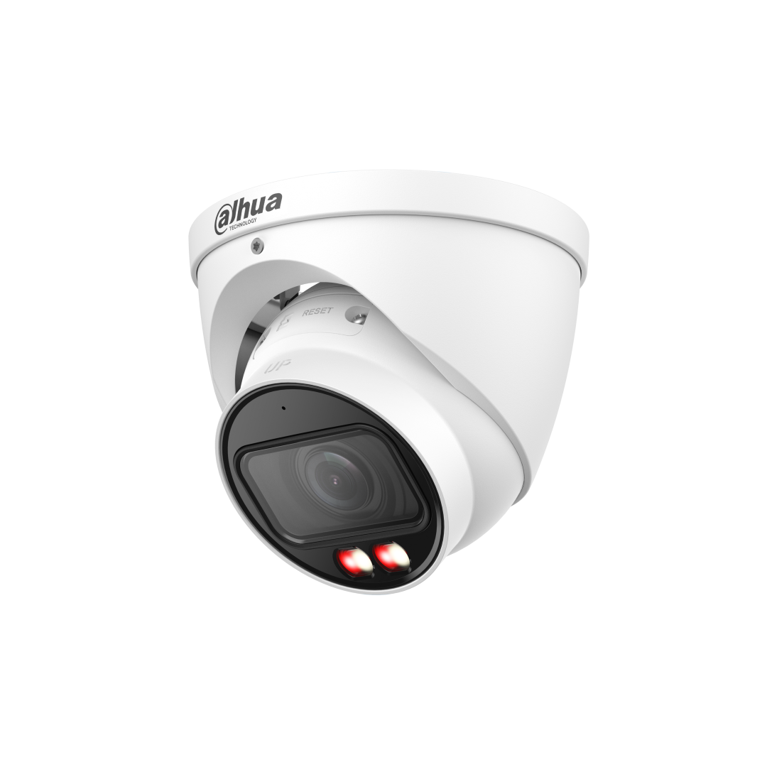 Witte Dahua 6MP TiOC PRO eyeball beveiligingscamera met actieve afschrikking en ingebouwde rode en blauwe waarschuwingslampen.