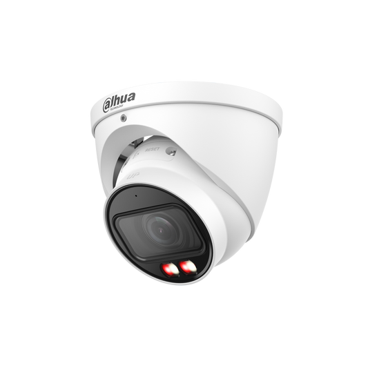 Witte Dahua 6MP TiOC PRO eyeball beveiligingscamera met actieve afschrikking en ingebouwde rode en blauwe waarschuwingslampen.