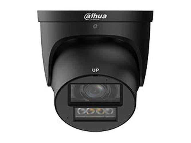 Zwarte Dahua WizMind 4MP TiOC PRO eyeball beveiligingscamera met varifocale lens en ingebouwde LED-verlichting.