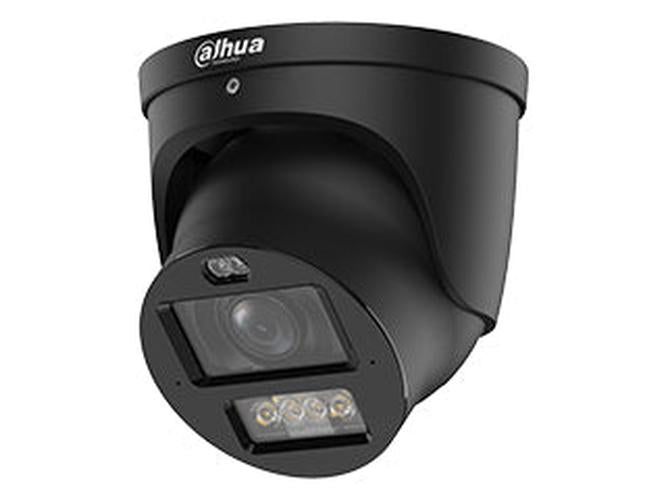 Zwarte Dahua 8MP WizMind TiOC PRO eyeball beveiligingscamera met varifocale lens en ingebouwde LED-verlichting.